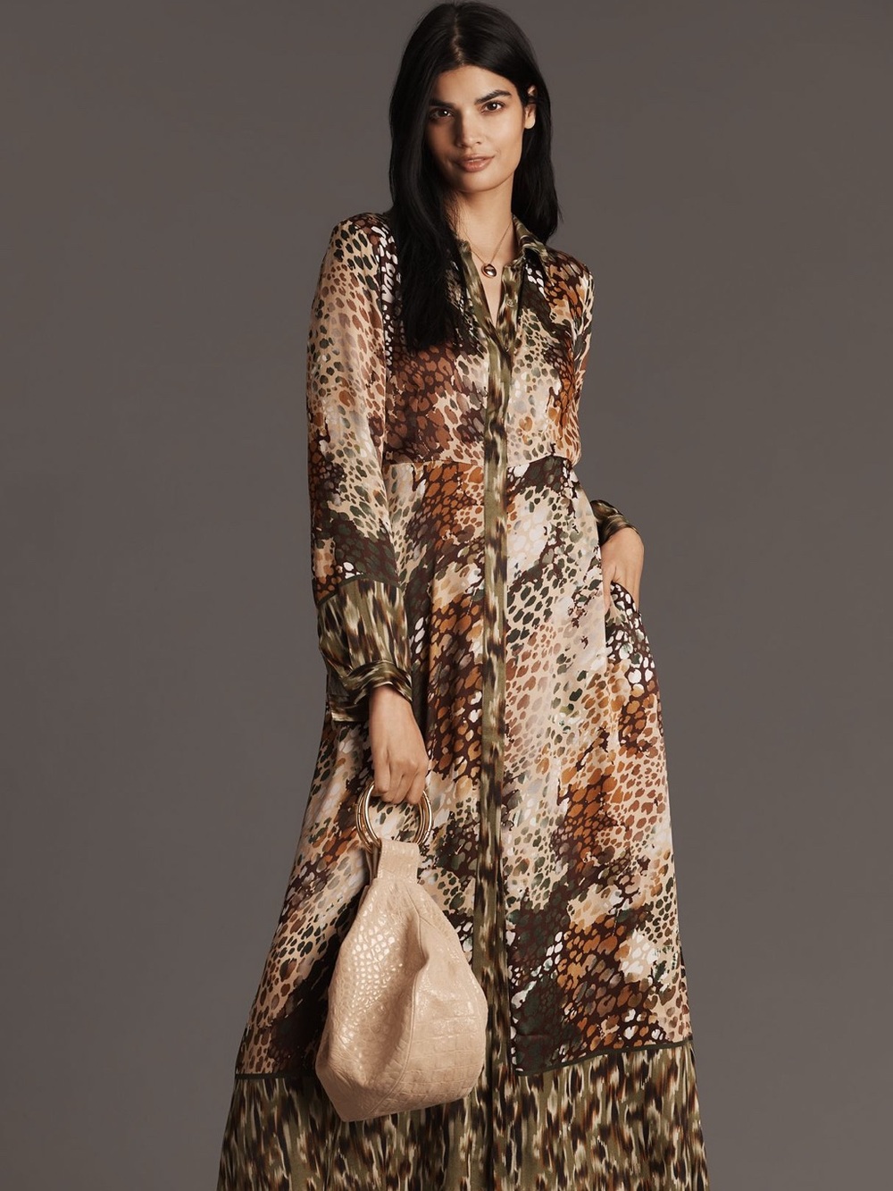 BLNK NWT Printed Maxi Shirt Dress in Brown & Olive Tones ANIMAL CAMO MAXI